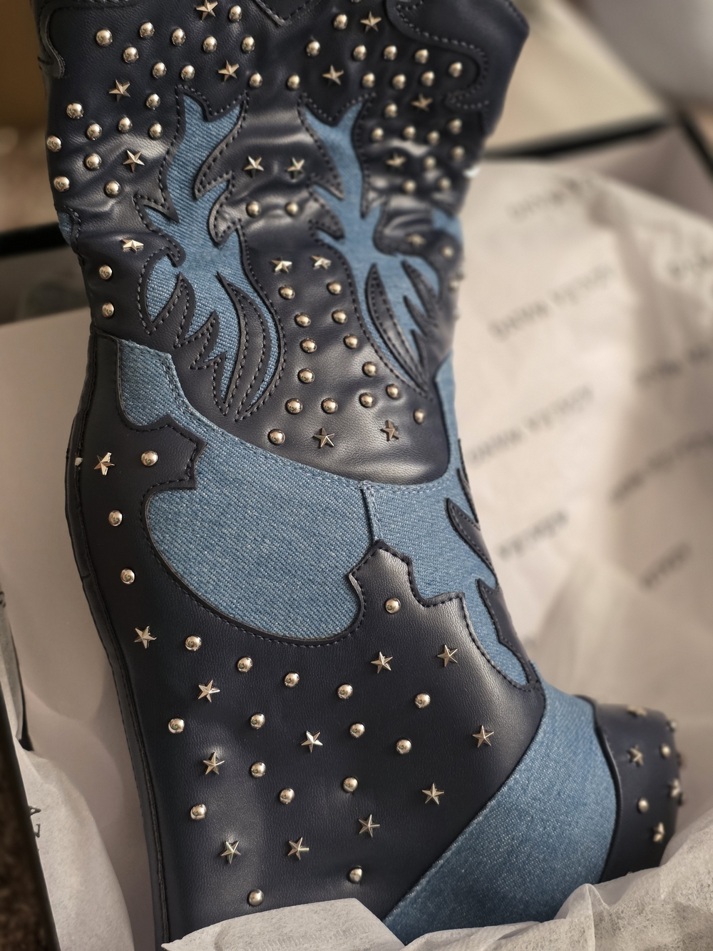 Studded Navy Leather & Denim Western Ankle Boot